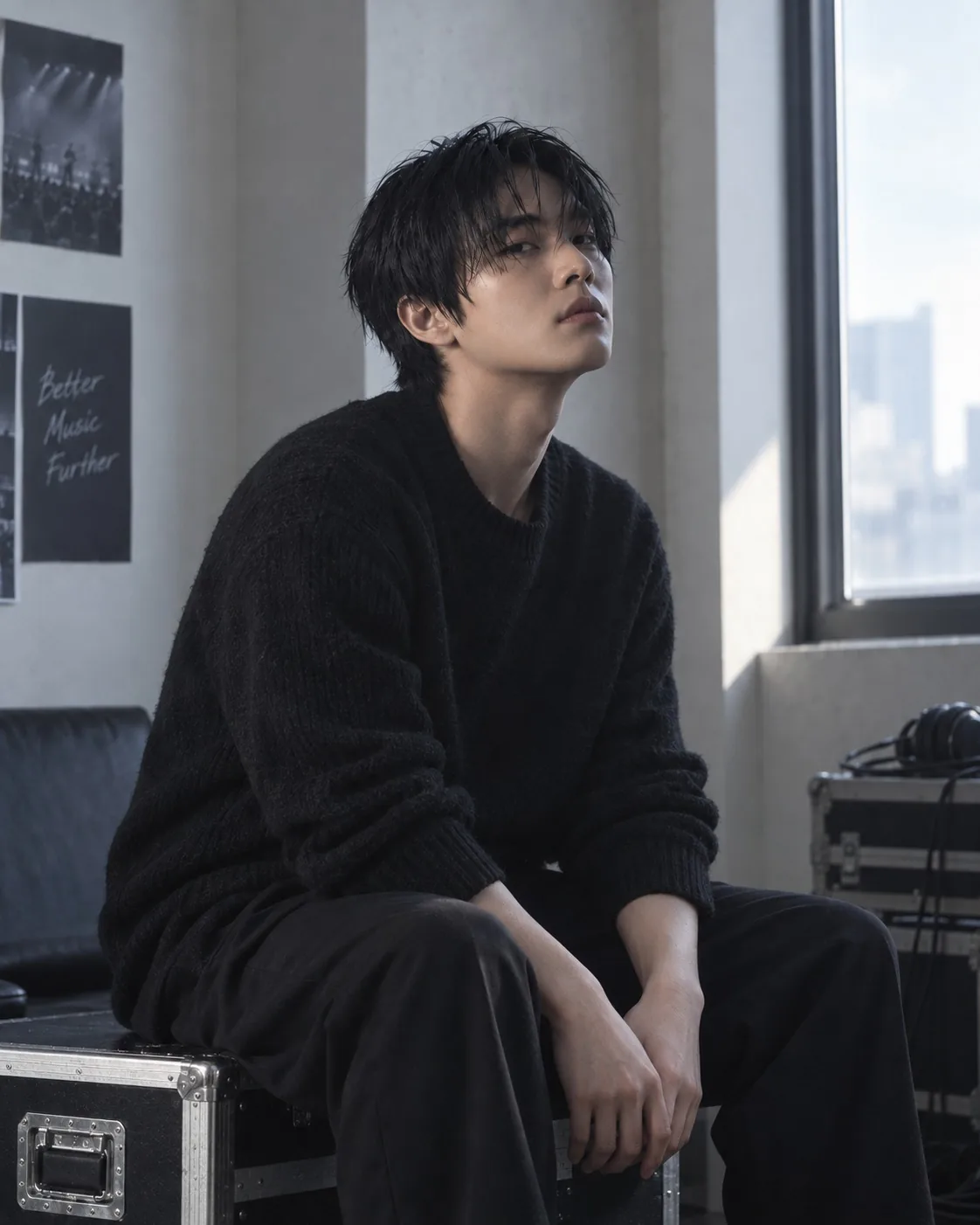 리허설룸 자연광 아래 앉아 있는 NOIR WAVE의 차분한 에디토리얼 초상 사진